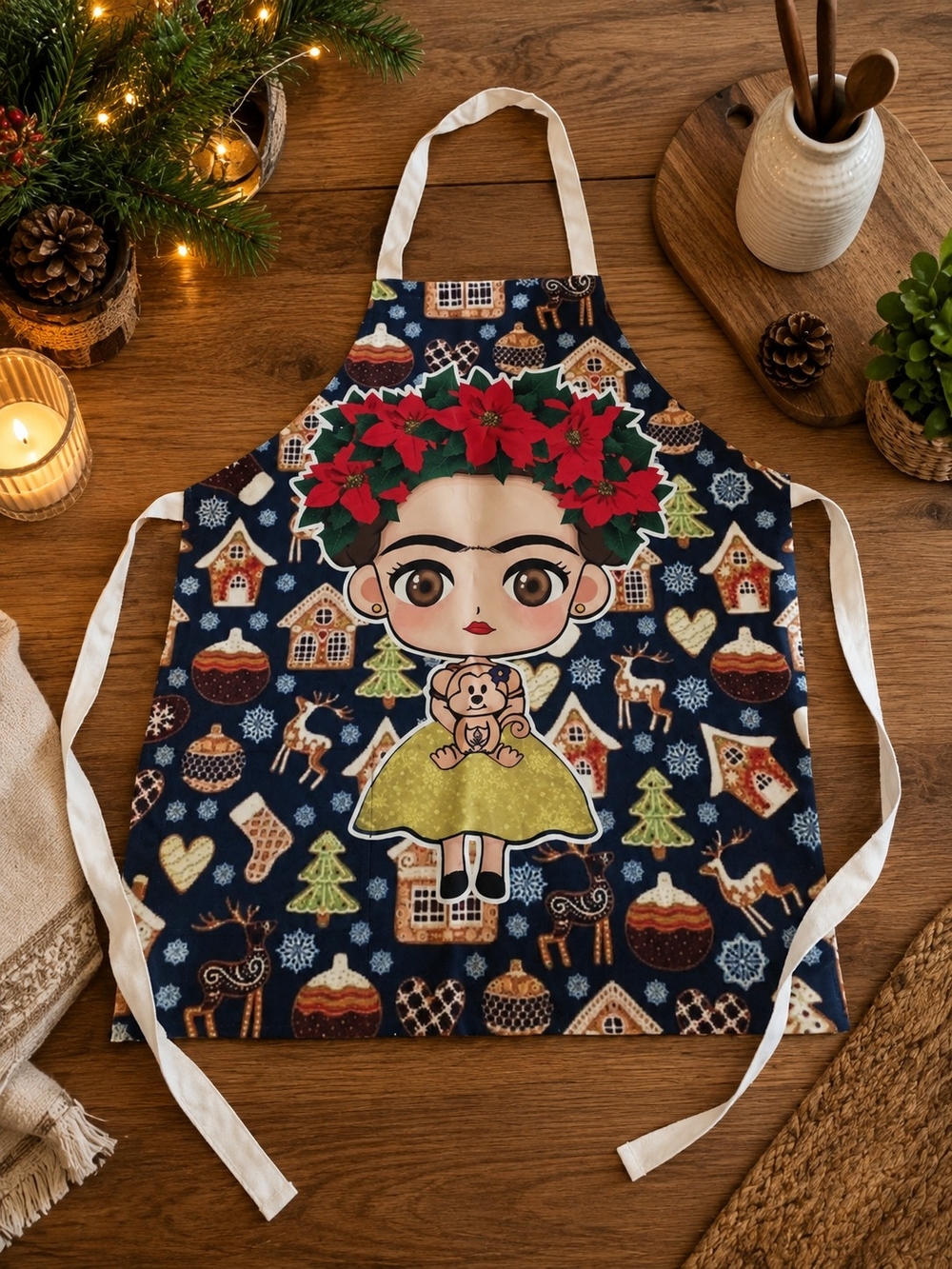 Frida-Inspired Navy Holiday Kitchen Apron with Red Poinsettia